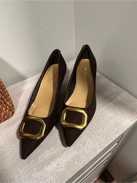 Nine West Shoes - Nine West Dark Brown Pointed Flats with Gold Buckle